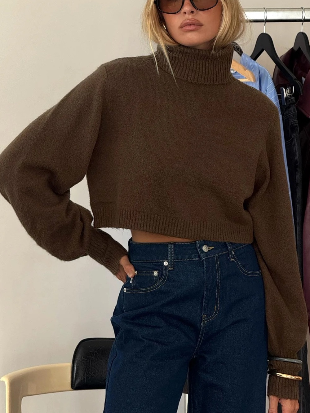 Princess Polly Zahara Cropped Turtleneck Sweater Brown Oversized Balloon Sleeve